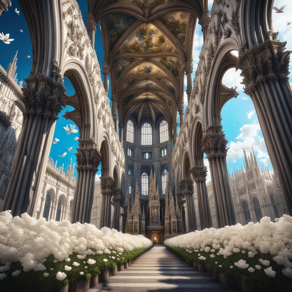 Milan Duomo with Flowers and Birds: Digital Matte Painting