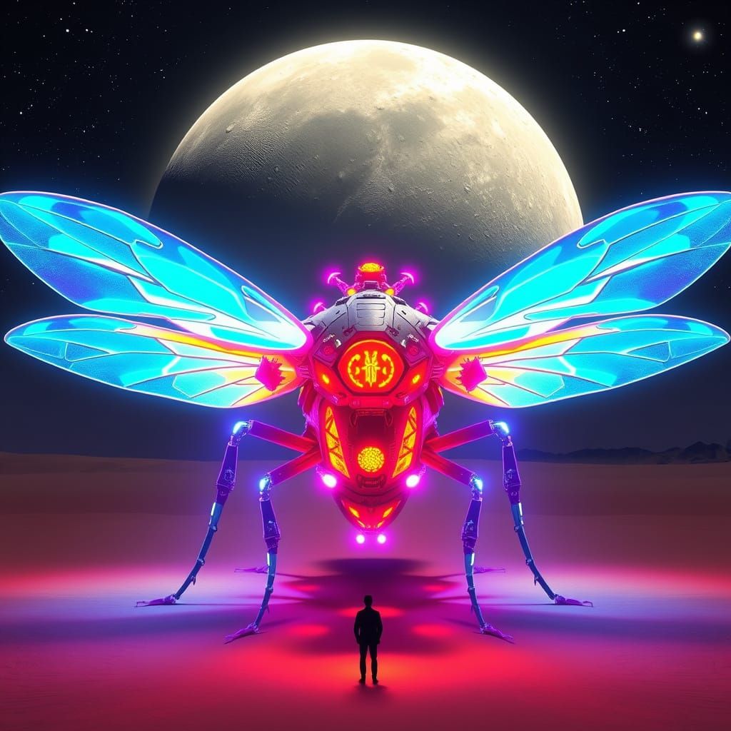 Glowing Spacecraft Dragonfly Descends into Desert Night