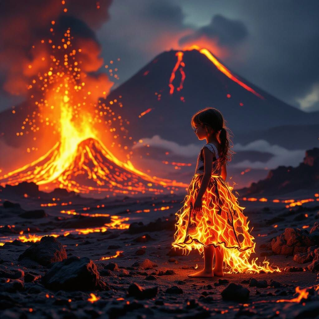 Girl in Fiery Dress Beside Erupting Volcano