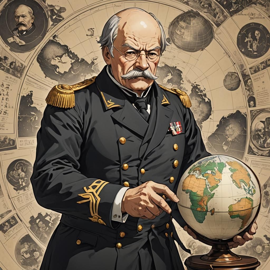 Bismarck Holding Globe in Anime Style