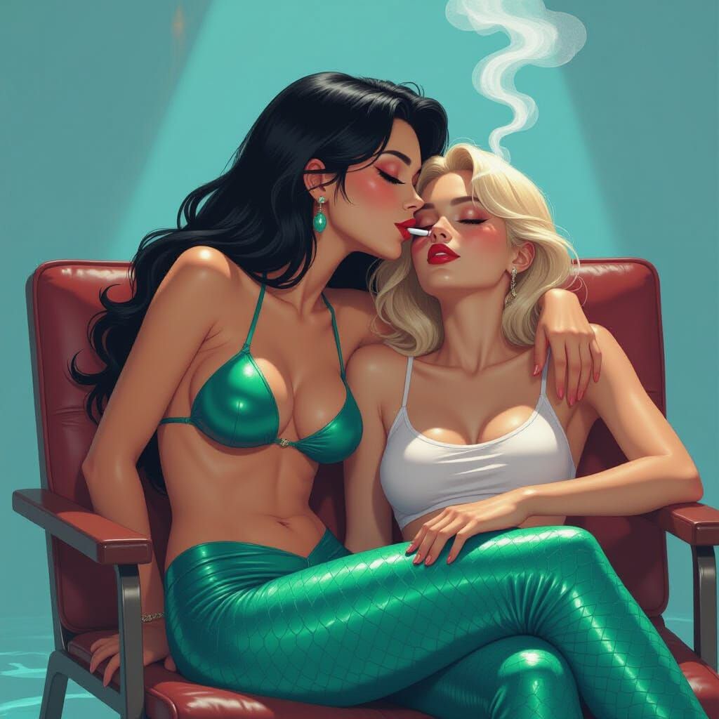 Erotic Mermaid Kisses Sleeping Woman in Cyberpunk Style