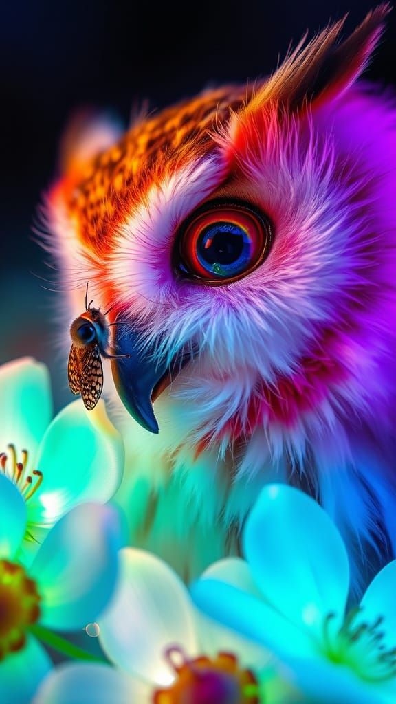 Luminous Moth Visits Fluffy Owl in Glowing Garden