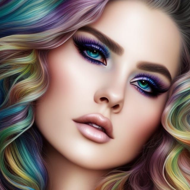 Rainbow Hair Portrait in Hyperrealistic Style