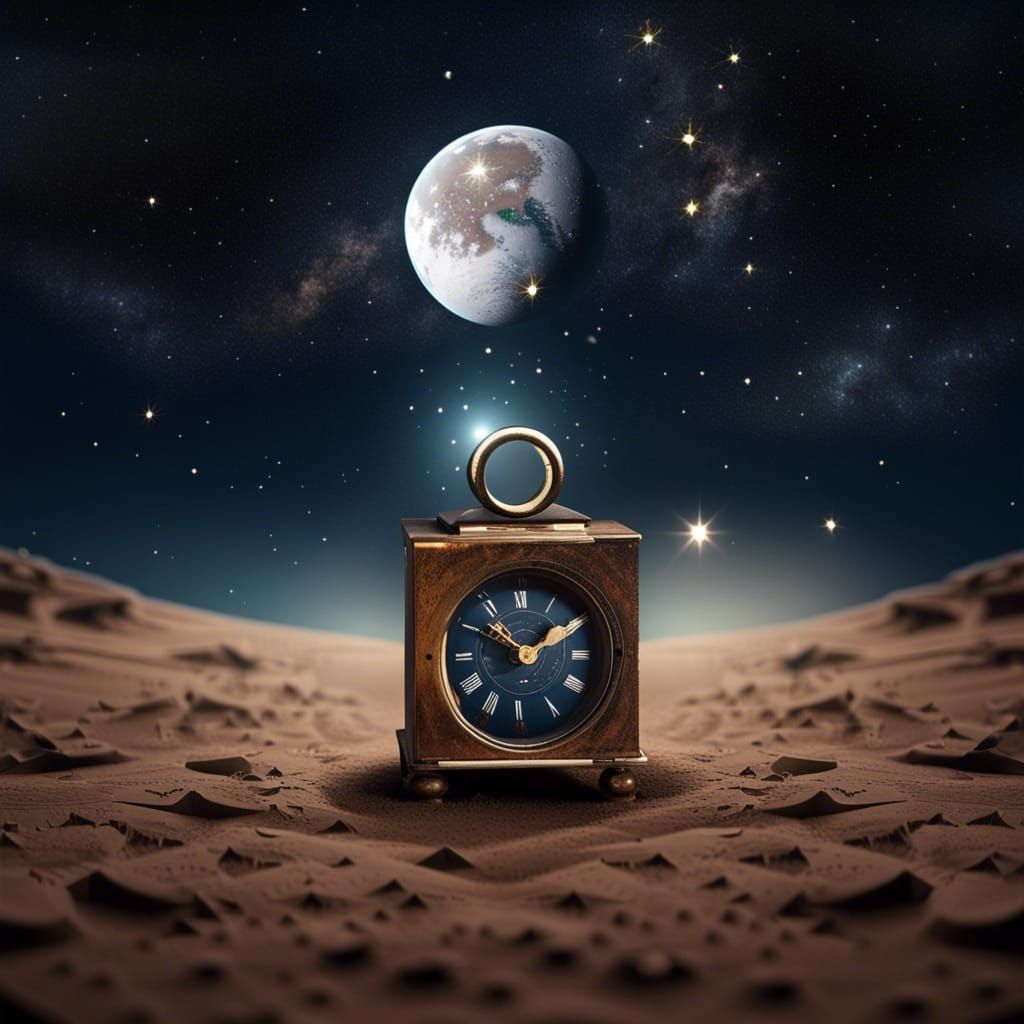 Clock in Space with Earth and Moon