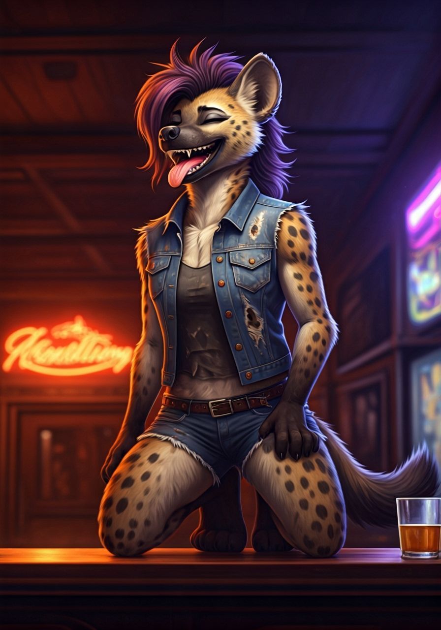 Anthropomorphic Hyena Laughing in Dive Bar, Photorealistic