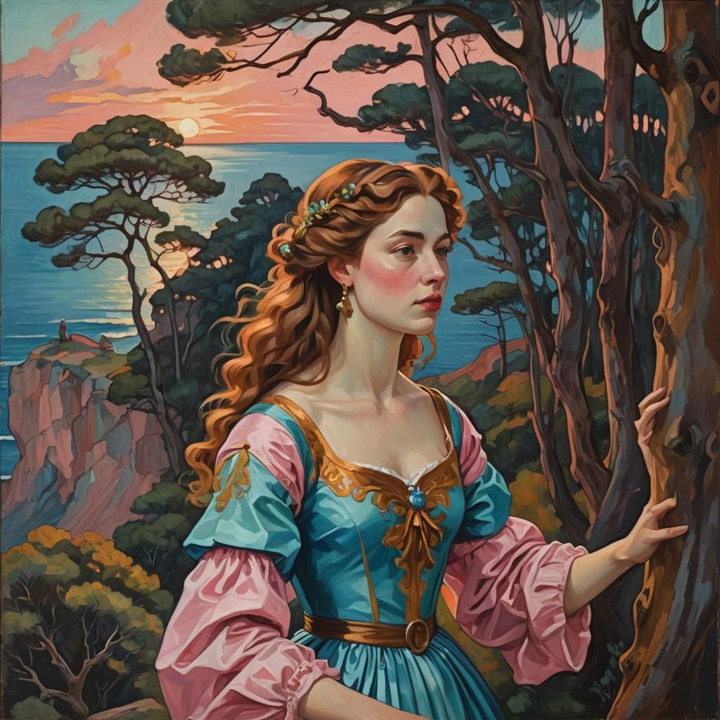 Teen Rides Horse into Pine Woods: Fauvist Baroque Painting