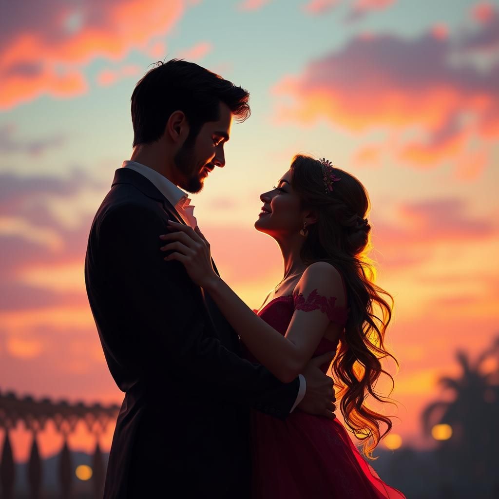 Romantic Waltz at Dusk in Art Nouveau Style