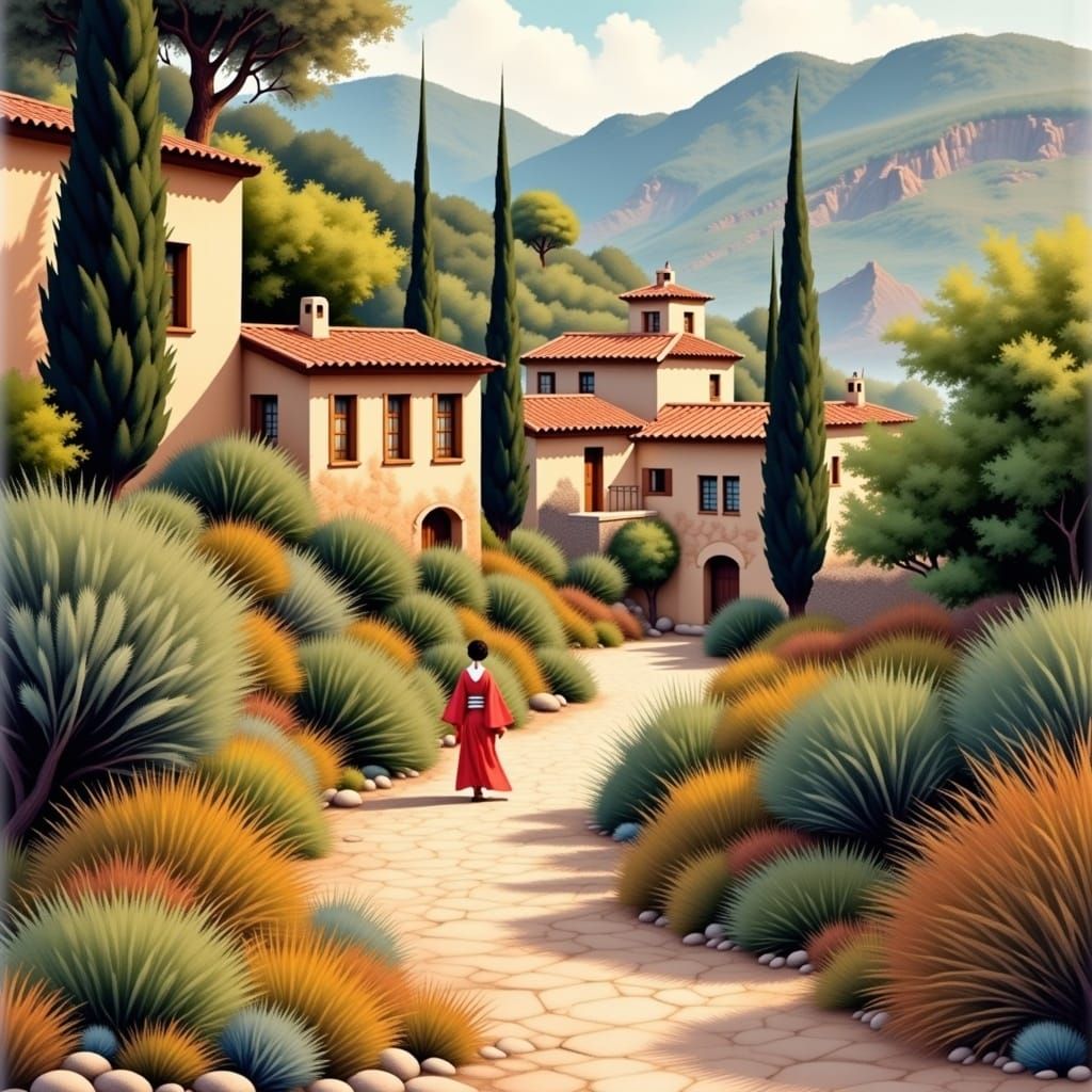 Mediterranean Village in Alpine Landscape as Watercolor