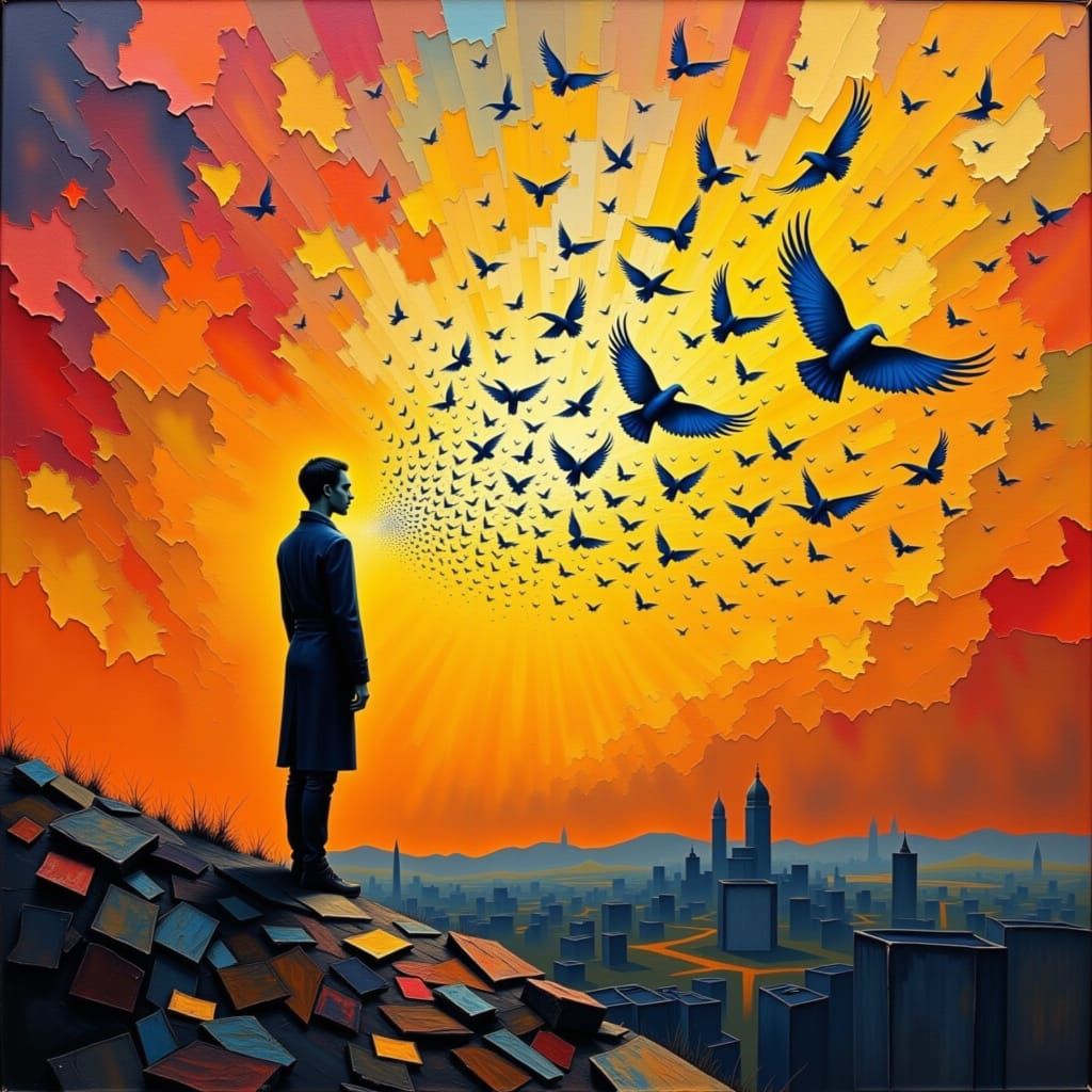Surreal Sky Sheds Origami Birds: Impasto Painting