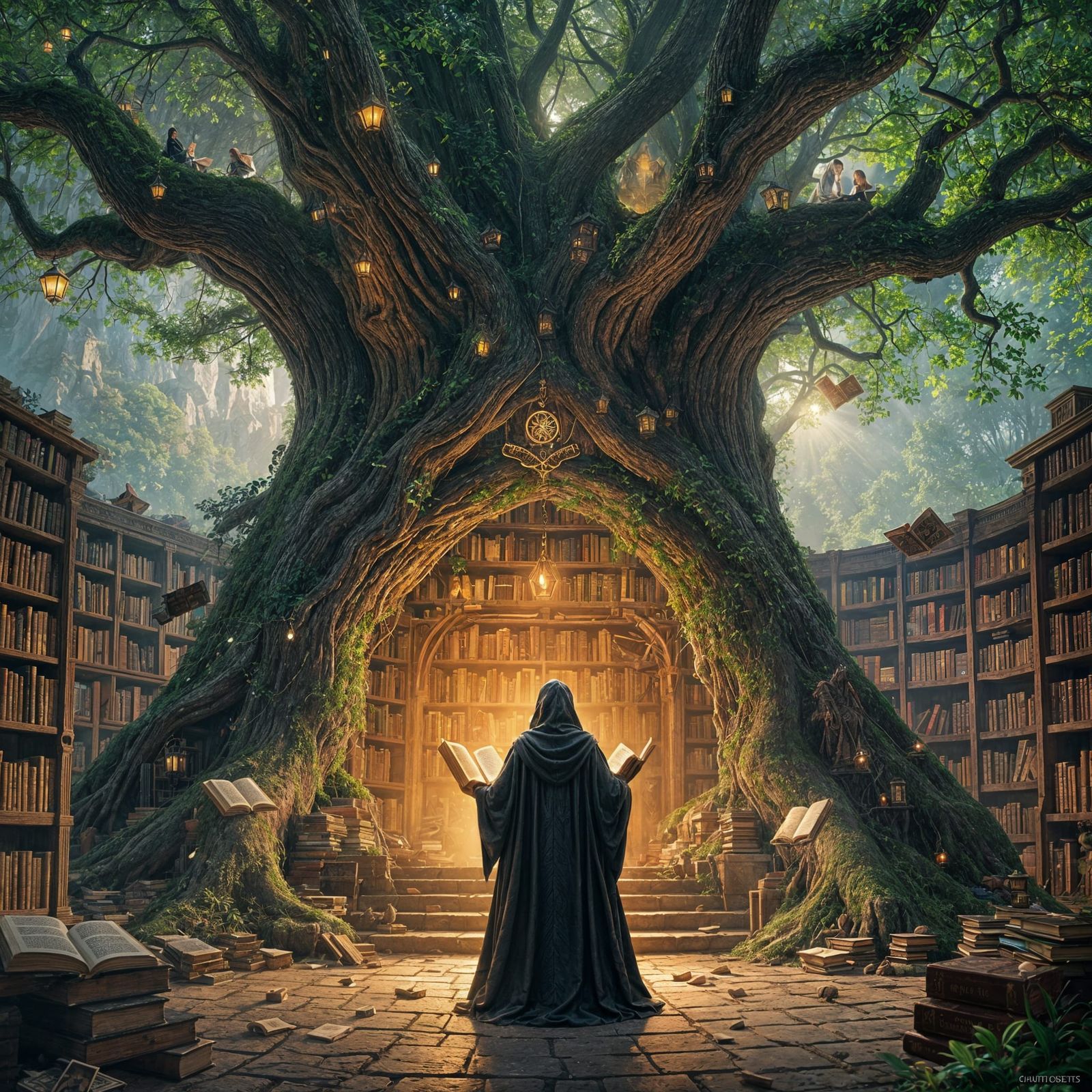 Magical Tree Library with Runes in Fantasy Style