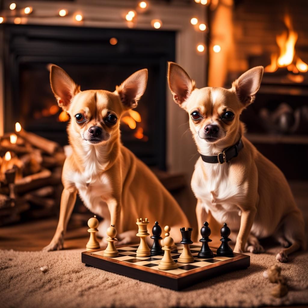Chihuahuas Play Chess by Fireplace