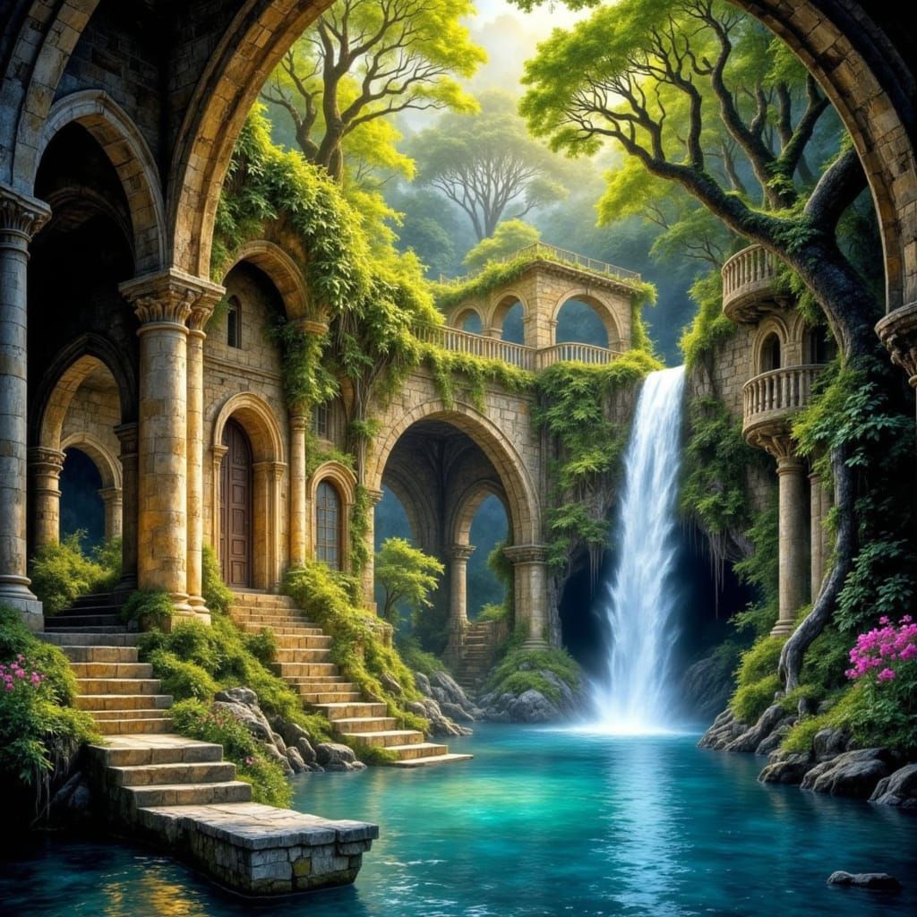 Ethereal Mediterranean Grotto in Soft Impressionist Style