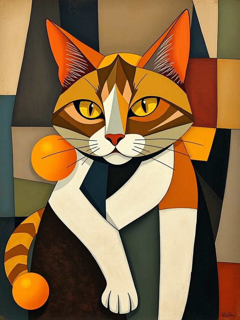 Ginger Cat with Oranges in Cubist Style