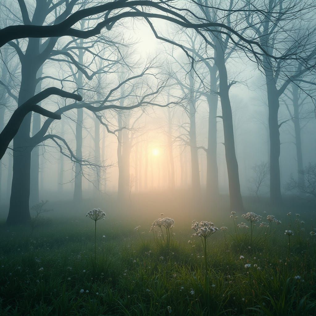 Misty Morning Meadow Unfolds in Wondrous Golden Light