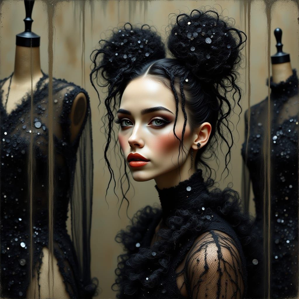 Woman Gazing at Dresses in Dramatic Lighting