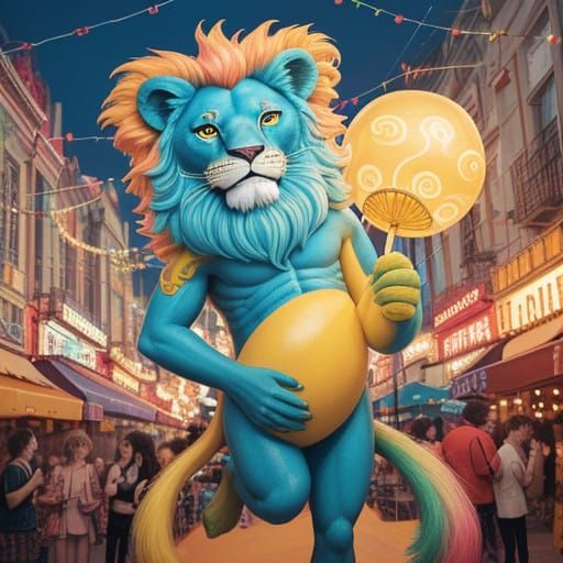 Vibrant Carnival Lion Enjoys Whimsical Lemon Treat