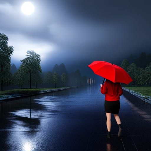Woman in Red Umbrella During Thunderstorm