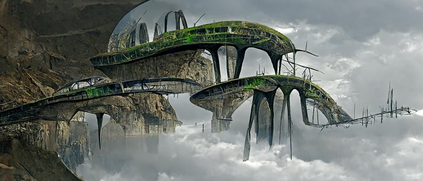 Abandoned Solarpunk Bridge Cities in Sci-Fi Landscape