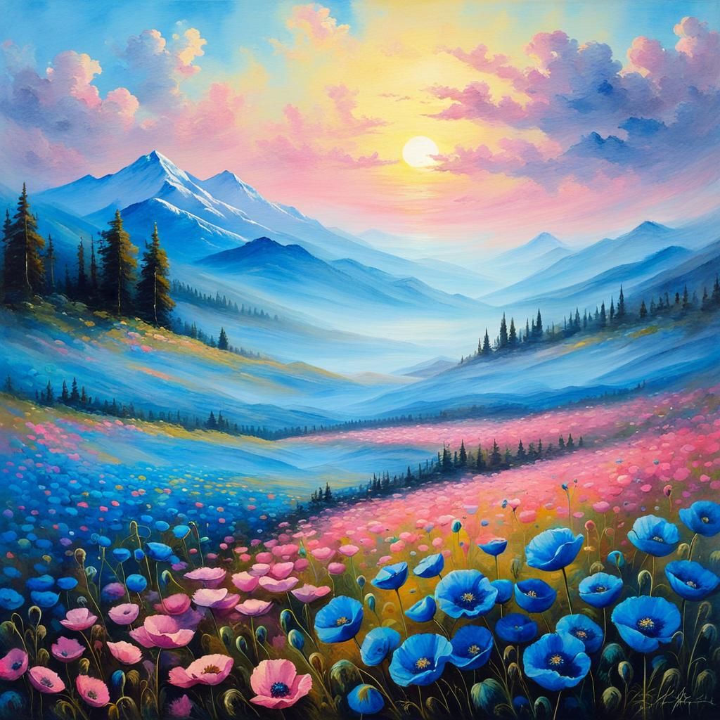 Blue Poppy Field Landscape in Naturalism Style