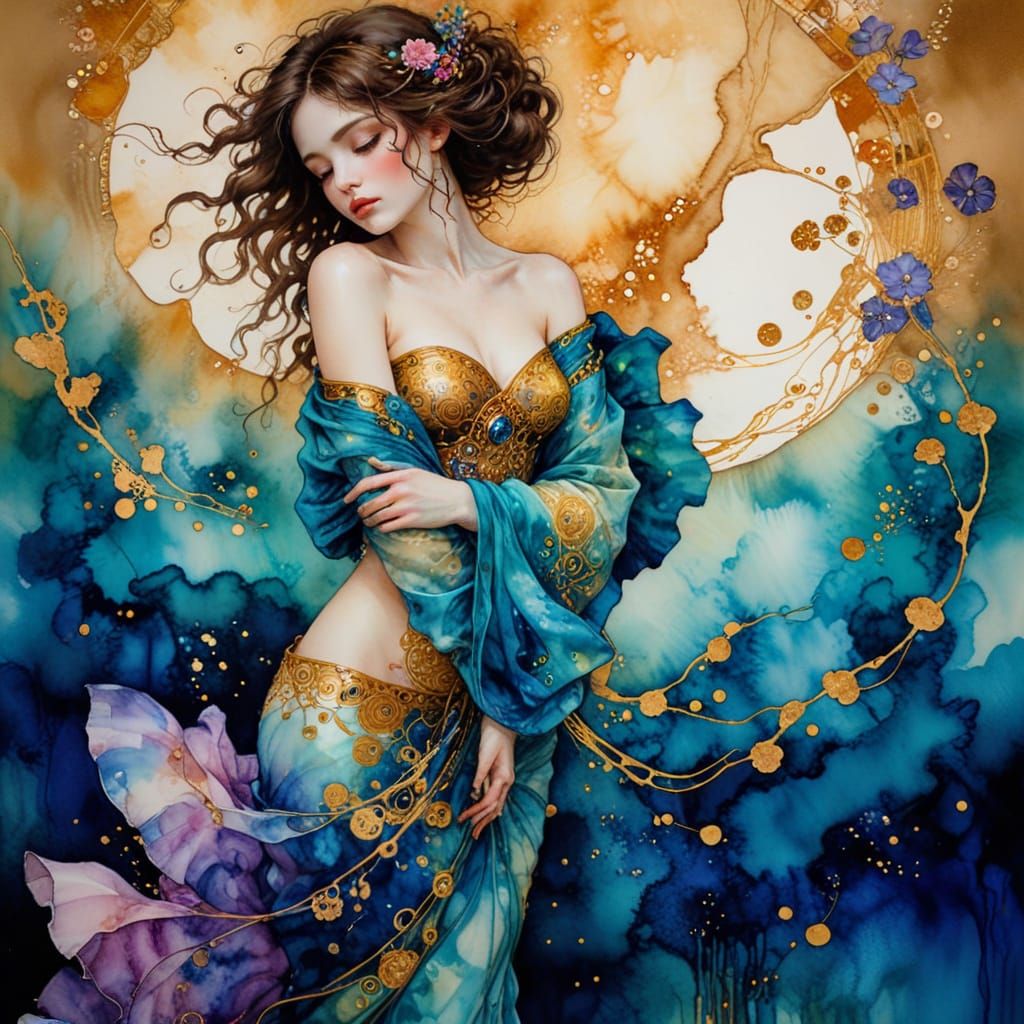 Coy Woman Portrait in Klimt and Royo Style