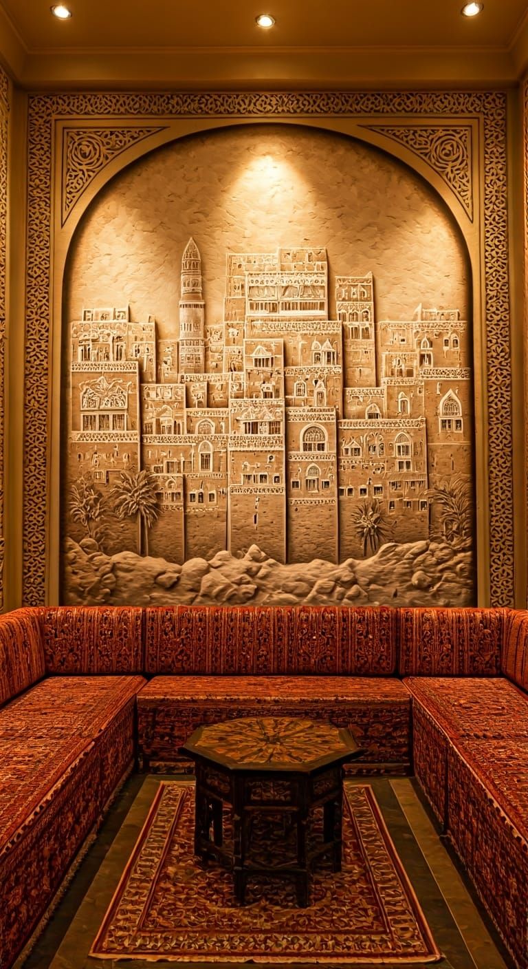 Yemeni Diwan Interior with Gypsum Relief Mural