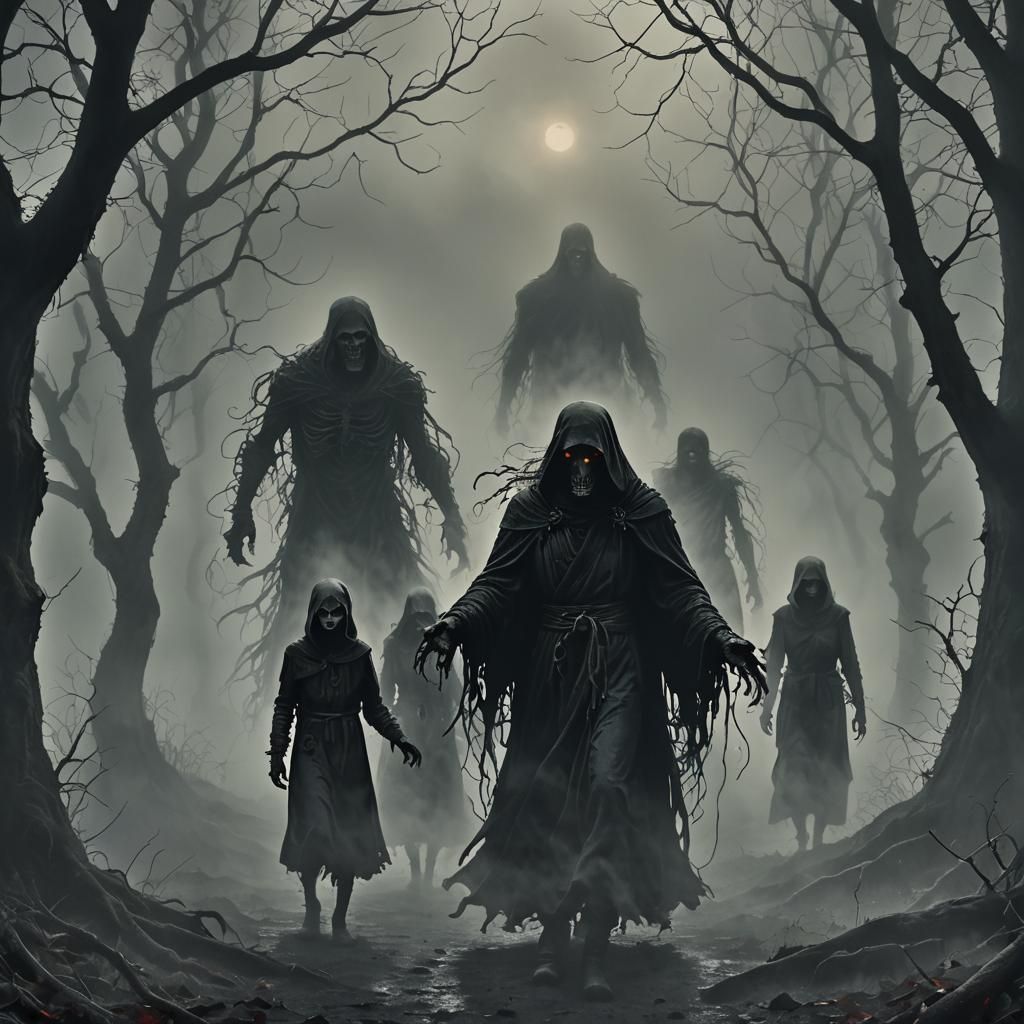 Eerie Family Scene in Dark Mist with Shadowy Figure