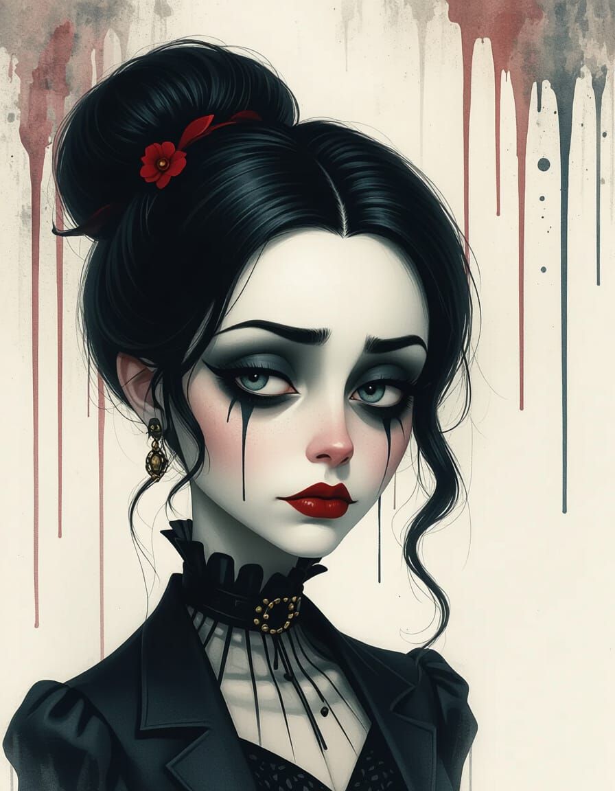 Melancholy Tim Burton Character in Watercolor Style