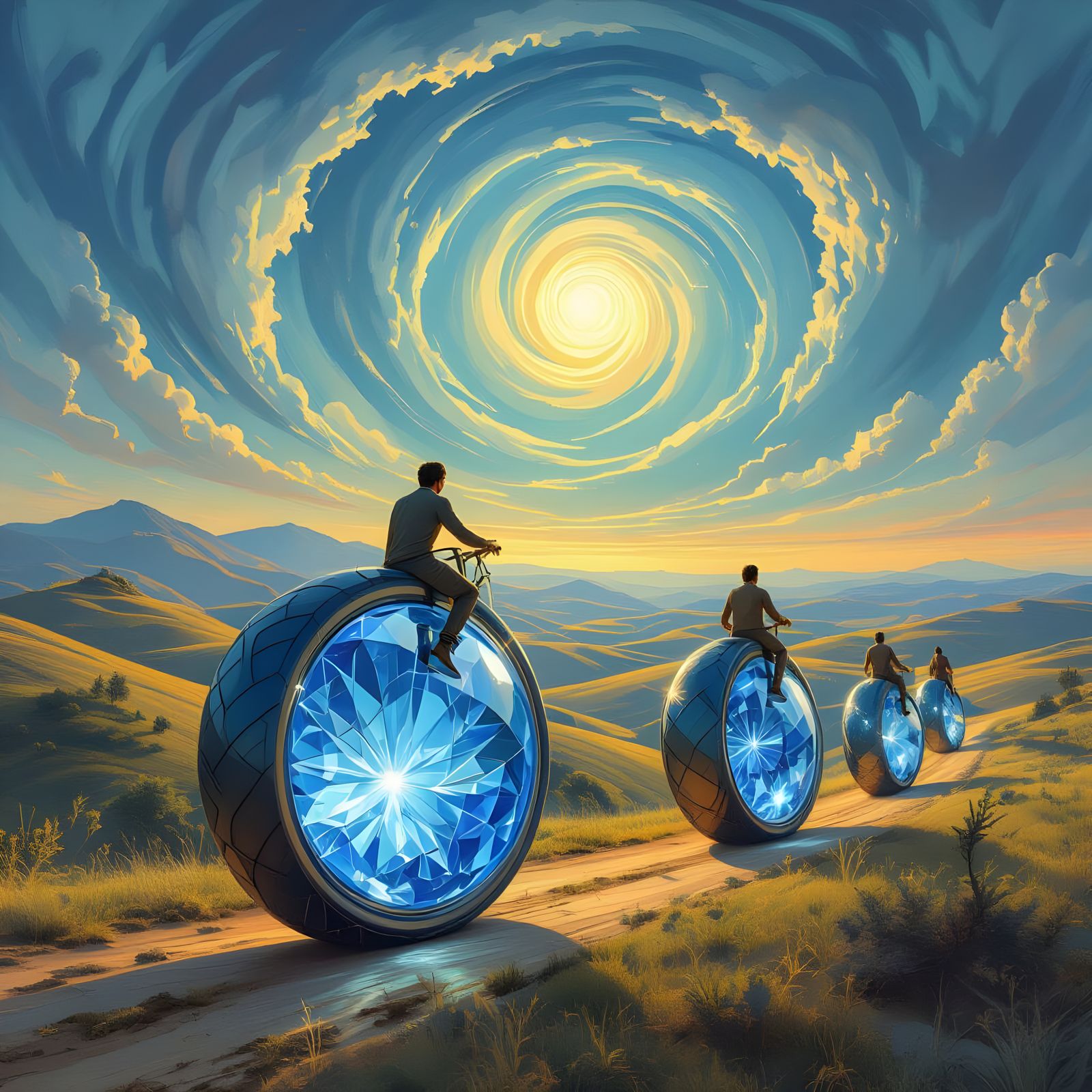 Surreal Men Ride Bicycles With Sapphire Wheels