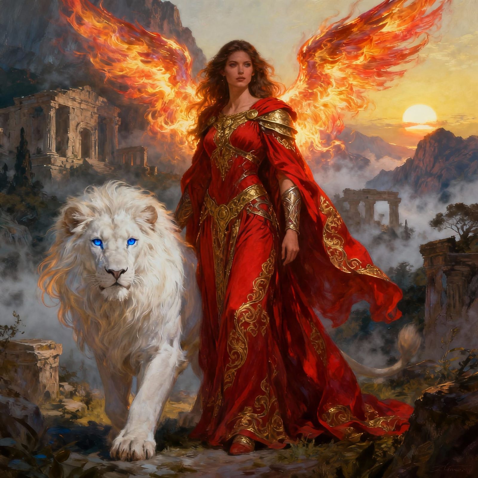 Warrior Woman with Fiery Wings and White Lion in Fantasy Lan...