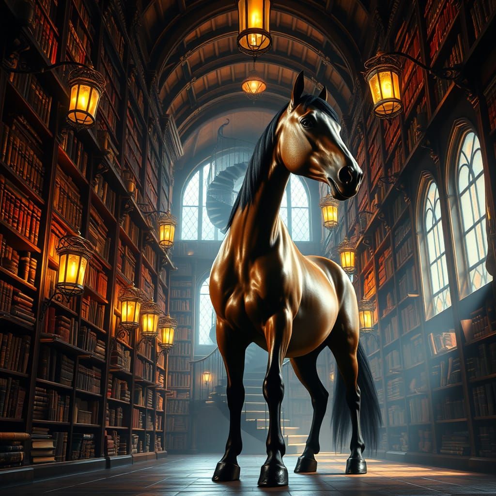 Majestic Horse in a Grand, Ancient Library