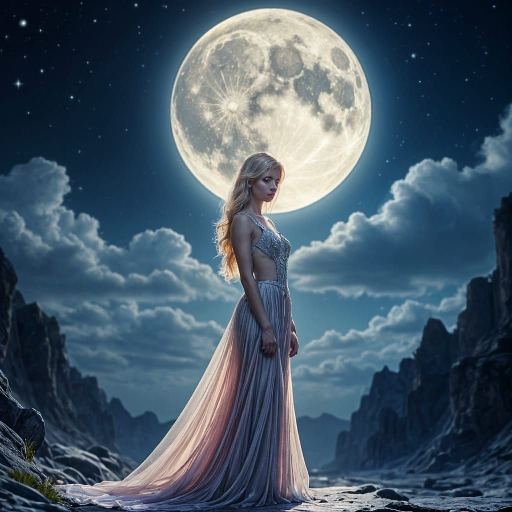 Moon Princess in Silver Dress with Volumetric Lighting