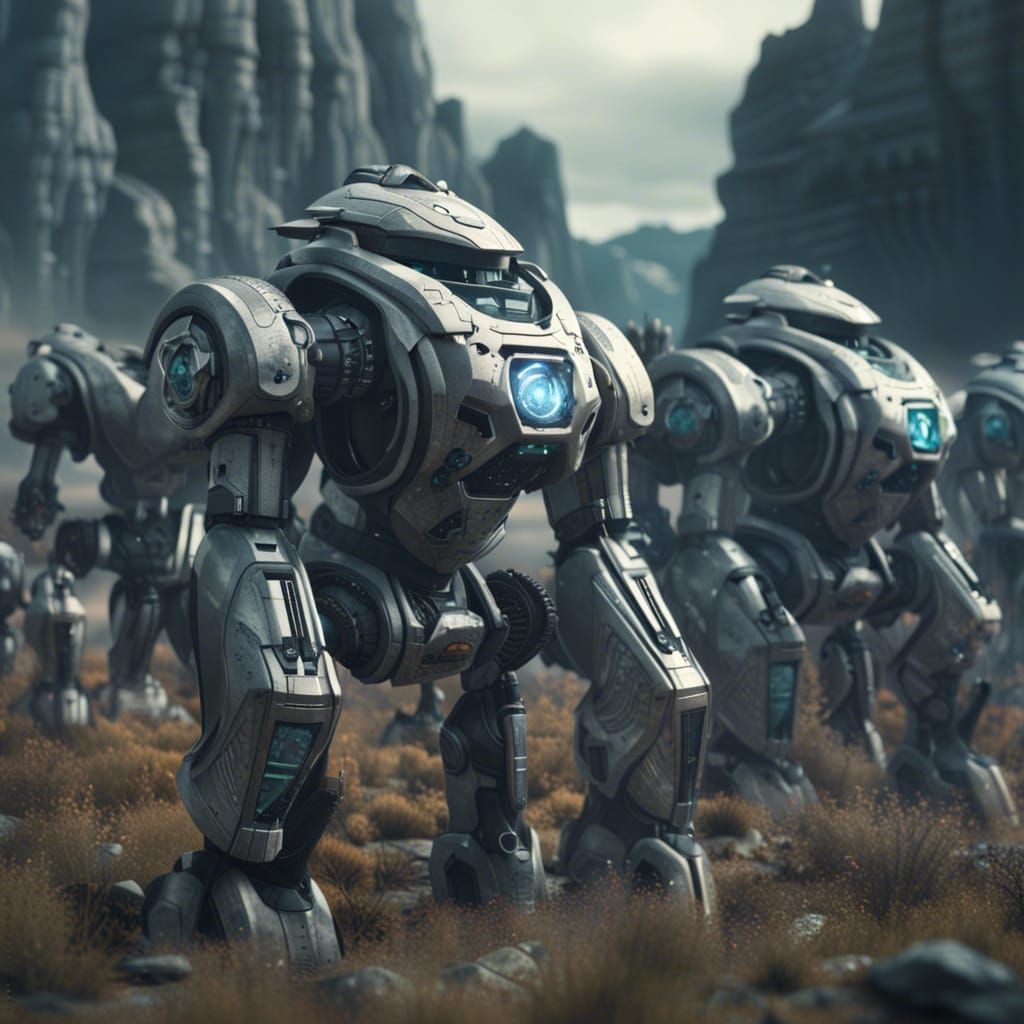 Futuristic Robot Army in Stone Field