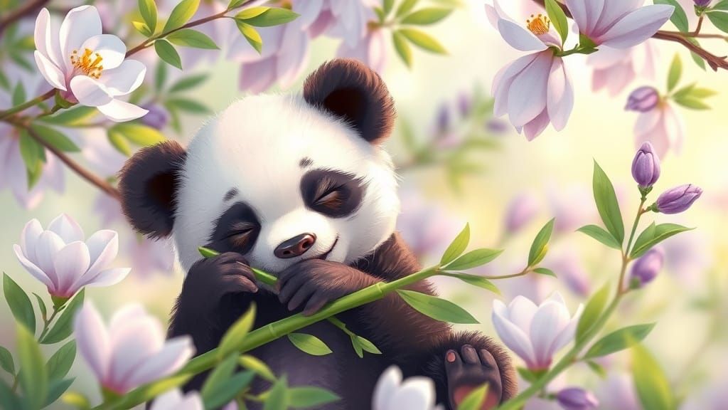 Playful Panda in a Whimsical Spring Landscape
