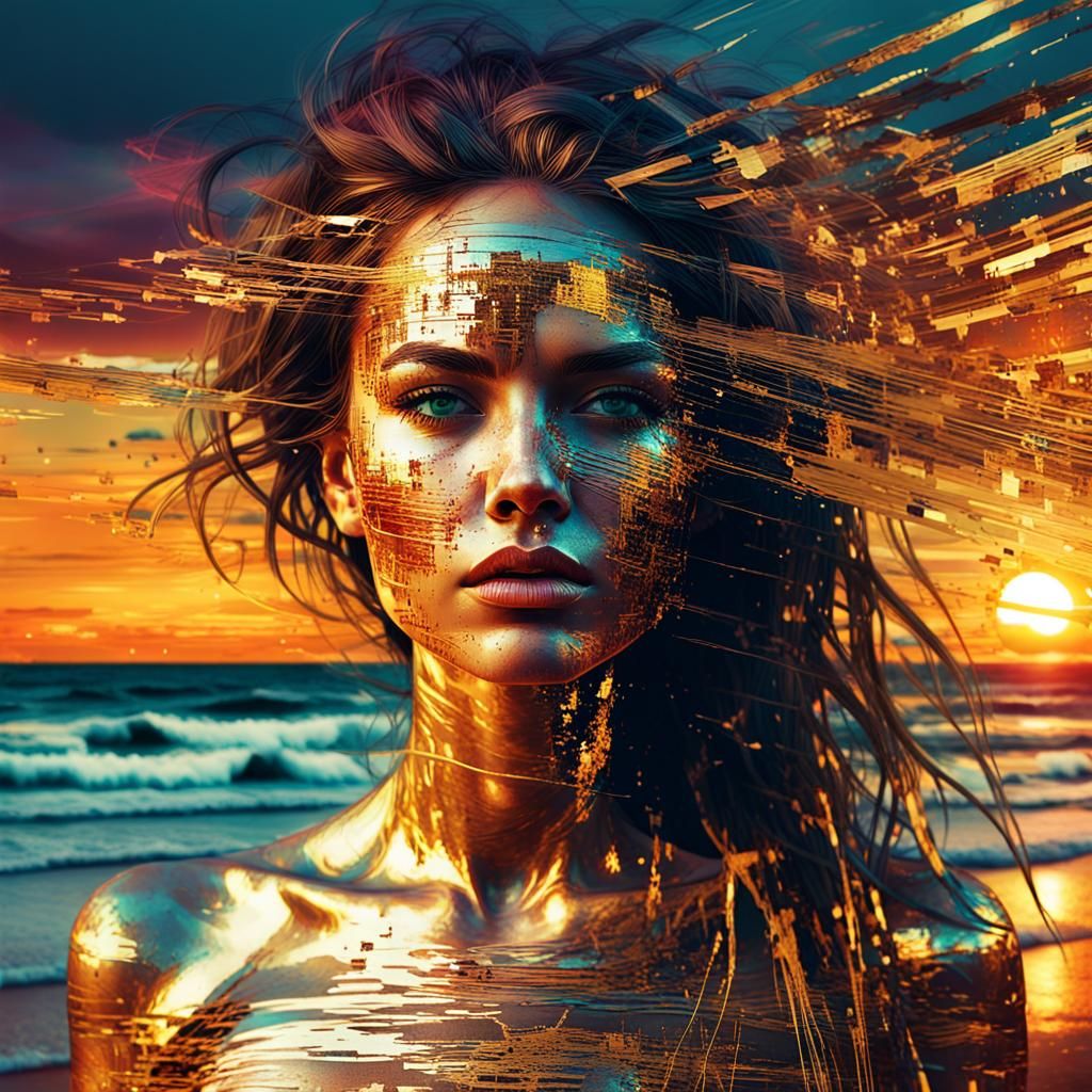 Golden Glitch Disrupts Sunset Beauty: Digital Art