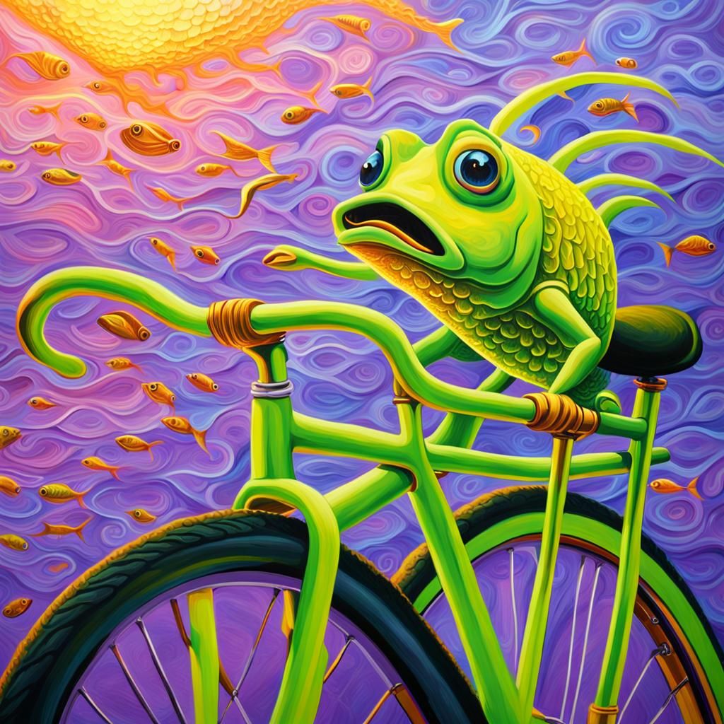 Surreal Fish Rides Glowing Bicycle in Dreamscape