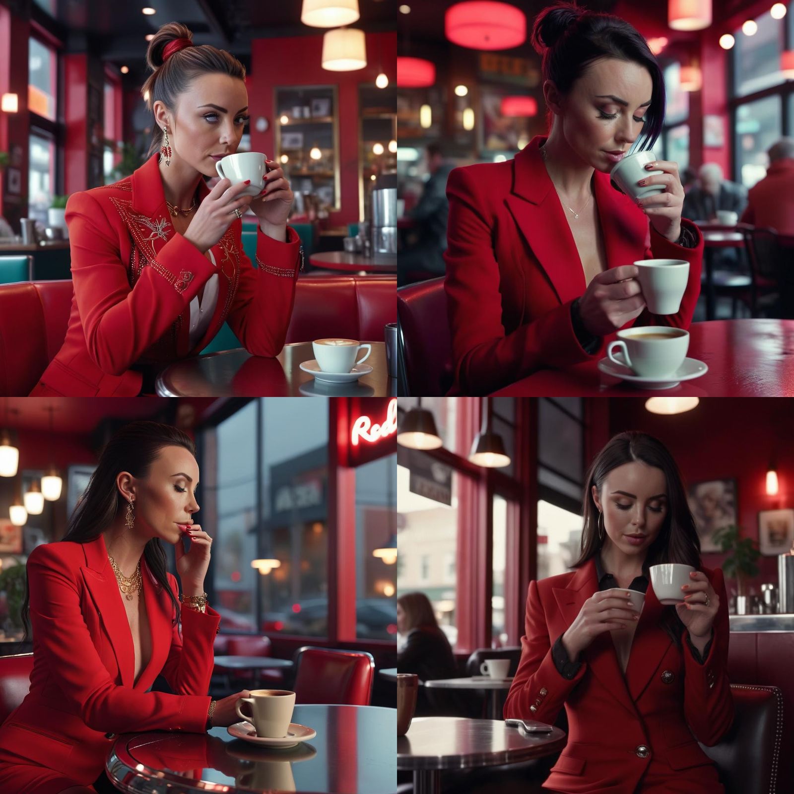 Woman in Red Suit at Chic City Cafe