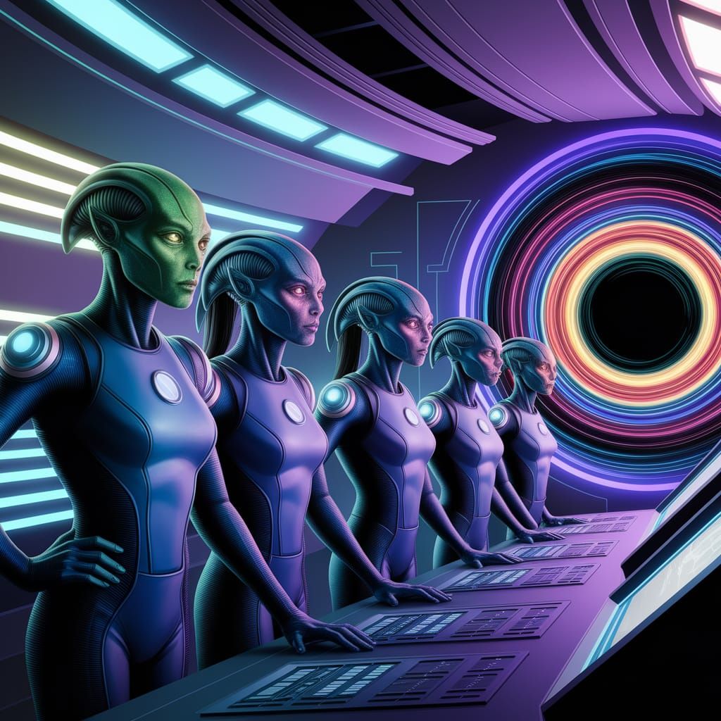 Alien Crew in Futuristic Starship Control Room