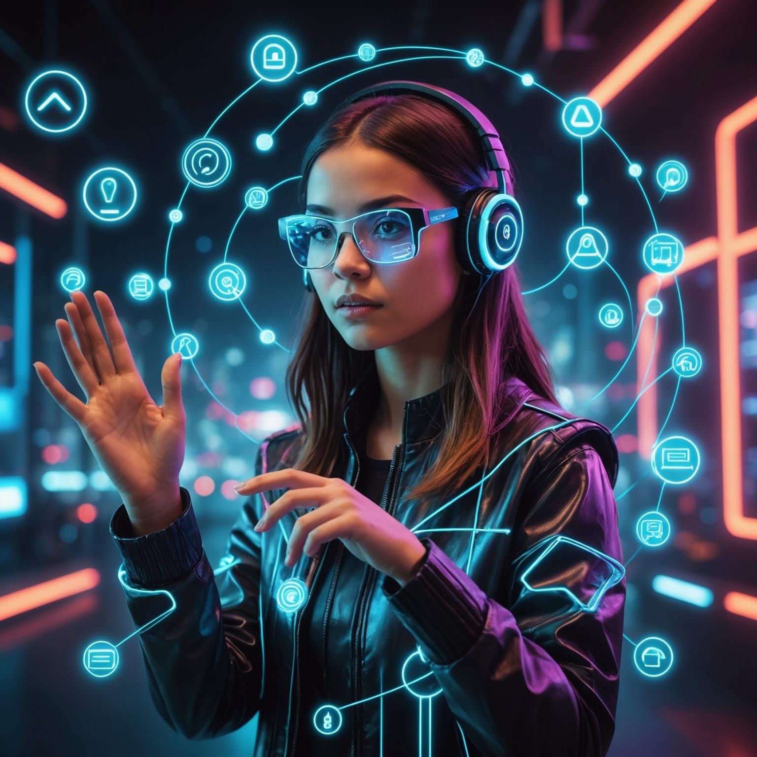 Girl Interacting with Holographic Icons in Cyberpunk Style