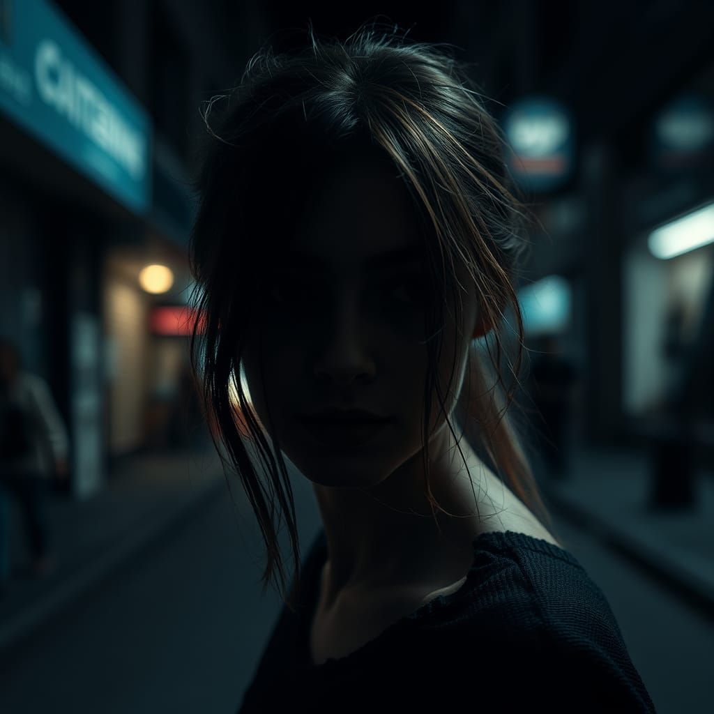 Enigmatic Woman in Urban Shadows: Hyperrealistic Portrait
