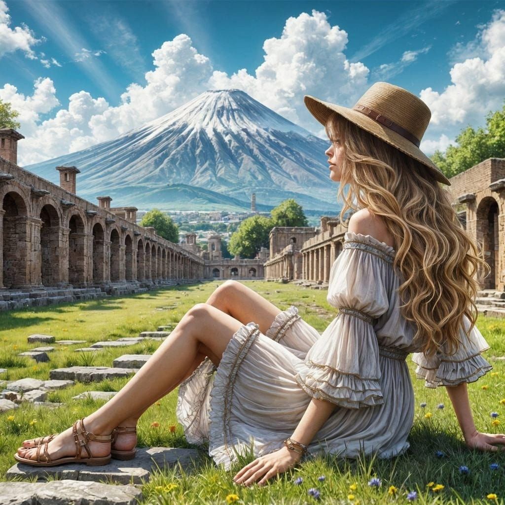 Woman Gazing at Vesuvius: Detailed Matte Painting