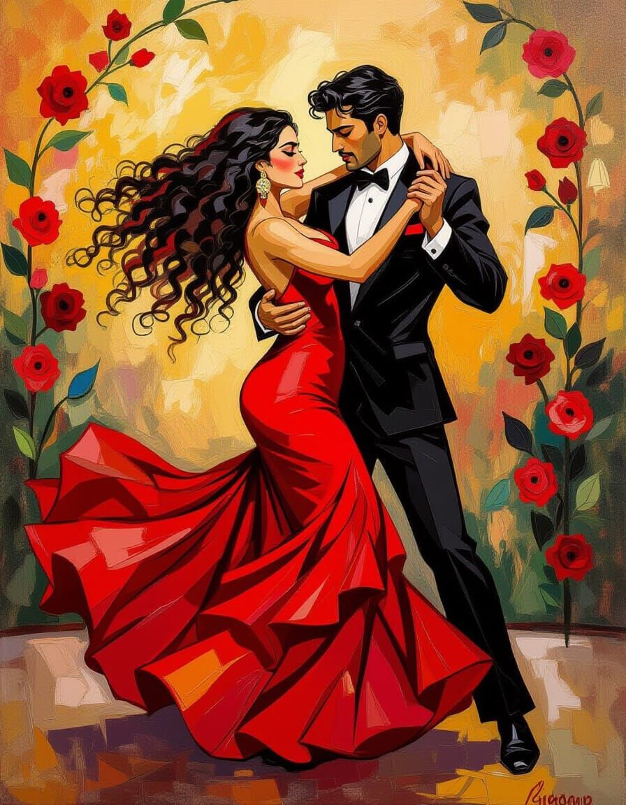 Flamenco Dancer in Red Dress, Neo-Impressionist Style