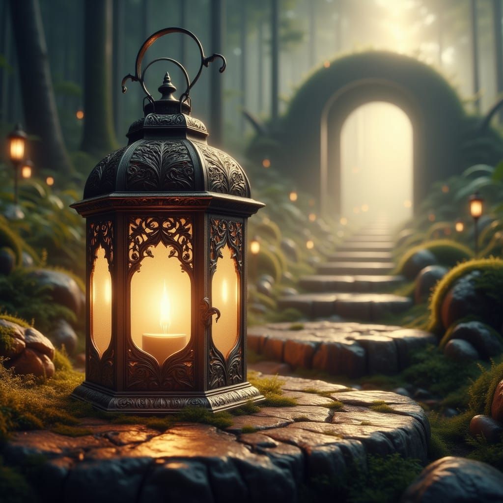 Ornate Lantern Glows in Dreamlike Fog