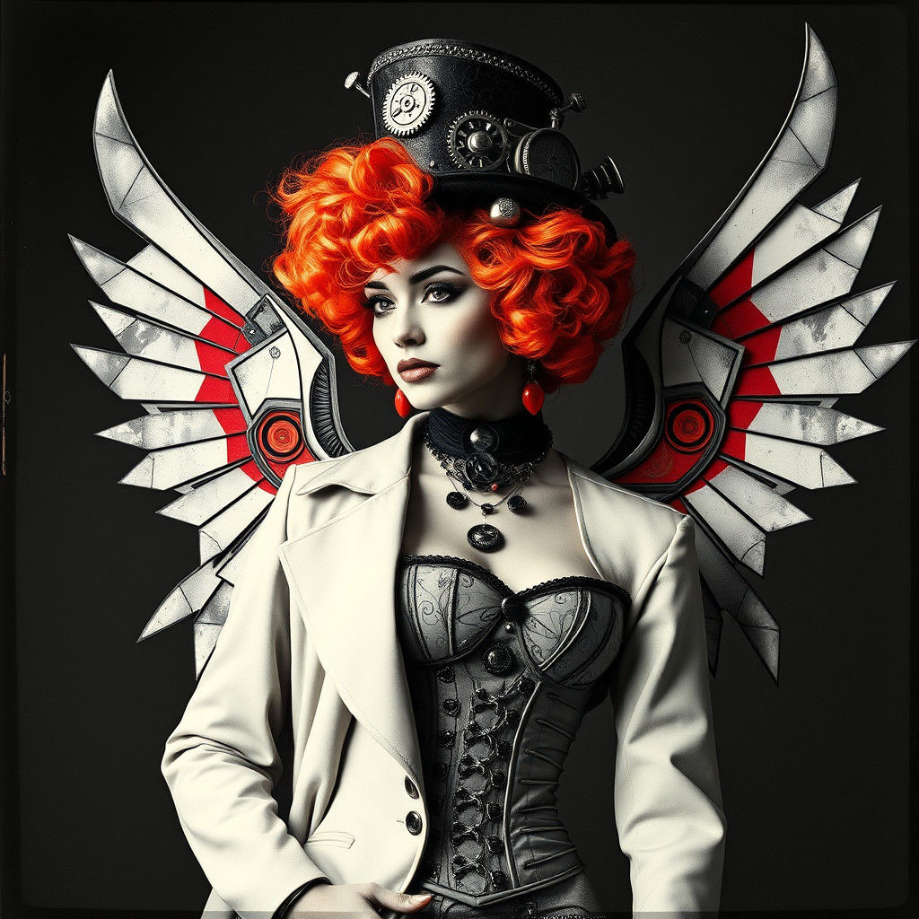 Steampunk Supermodel in Photogram Style with Geometric Wings