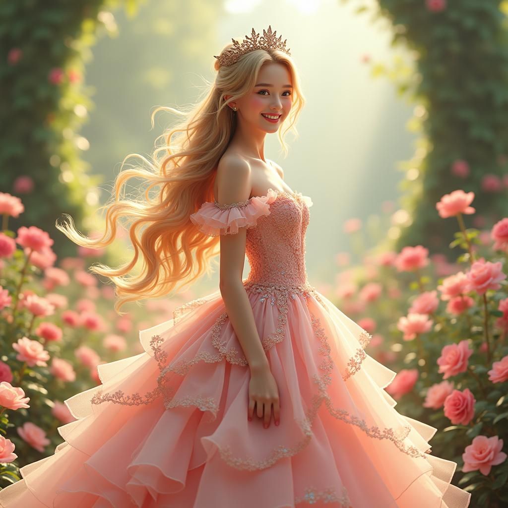 Radiant Princess in Pink Gown in Lush Garden