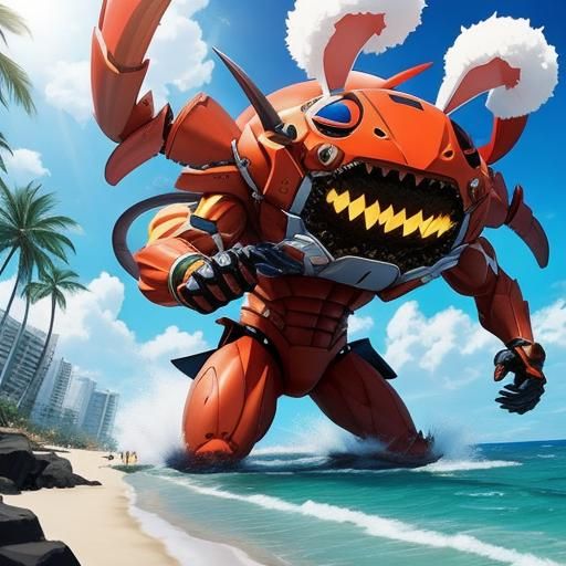 Anime Cat-Boy Battles Crab on Beach