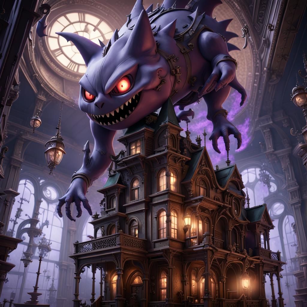 Gengar in Steampunk Haunted House, Art Nouveau Style