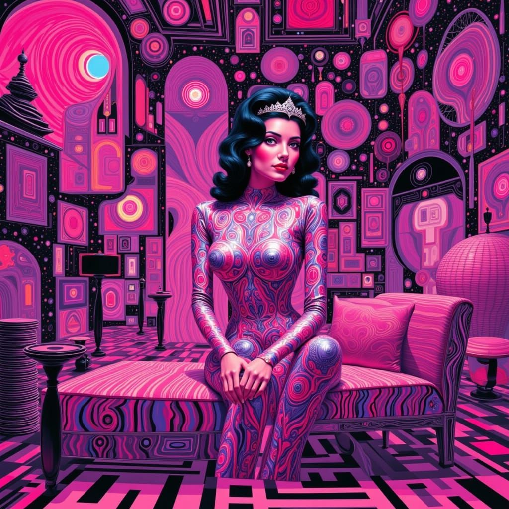 Surreal Woman in 1960s Mod Dress with Escher Background