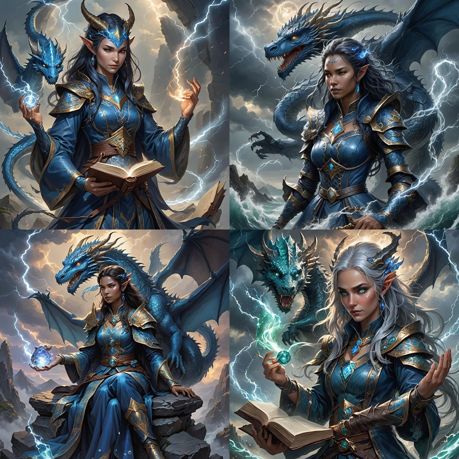 Blue Dragonborn Wizard Casting Spell in Anime Style