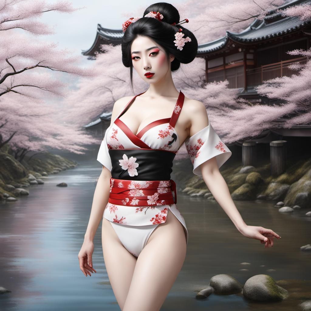 Geisha in Sakura River: Photorealistic Art