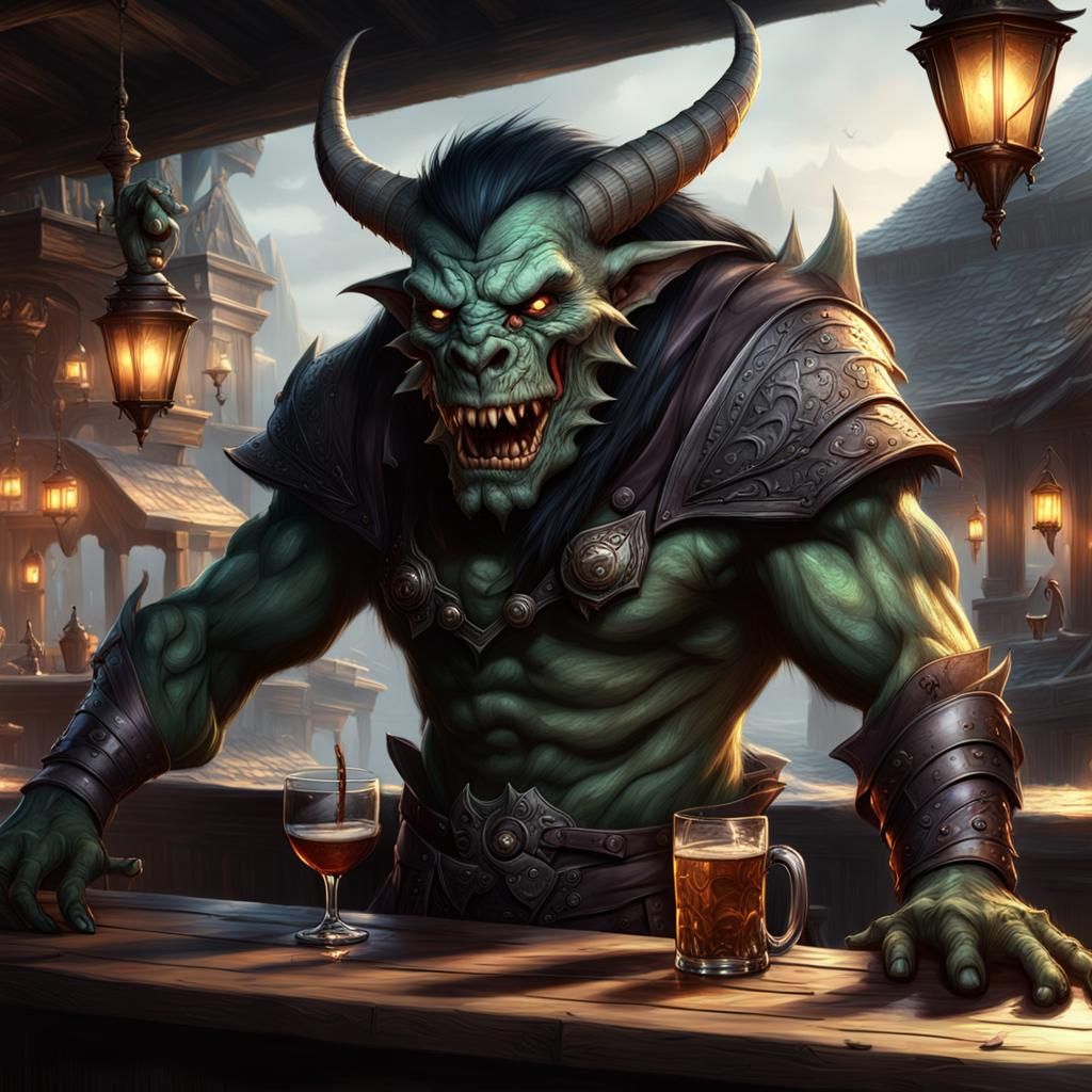 Fantasy Creatures at an Outdoor Bar, Digital Art